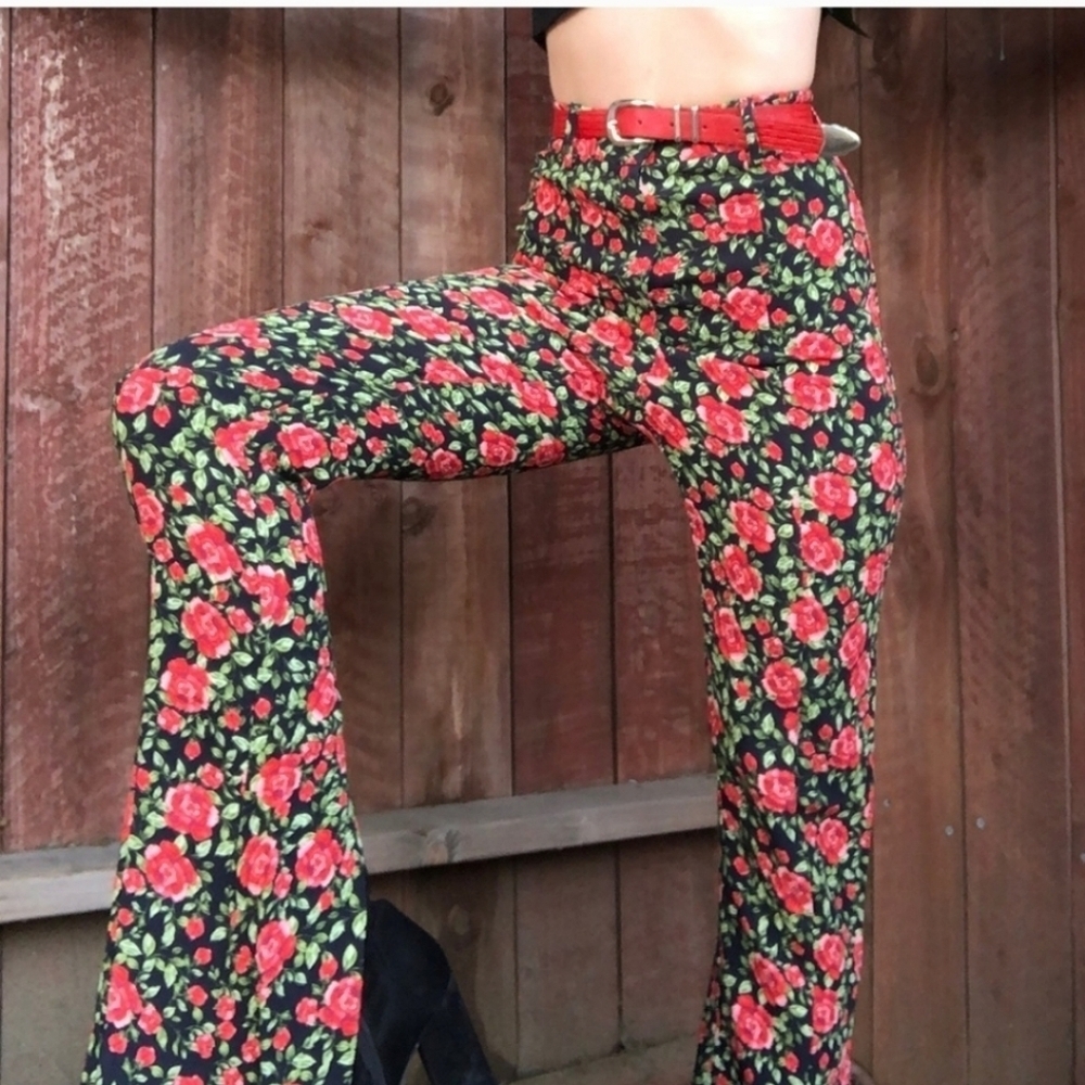 C/Meo Collective Black Rose Back Split Leg Straight Grungecore Girly Punk Pants